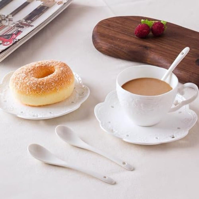Elegant European Style Bone China Ceramic Tea & Coffee Cup Set with Embossed Floral Design - White, Perfect for Breakfast or Home Kitchen Use, Includes Saucer and Spoon, Tea Cup Set, Breakfast Tableware, Decorative Tableware, Durable Tableware