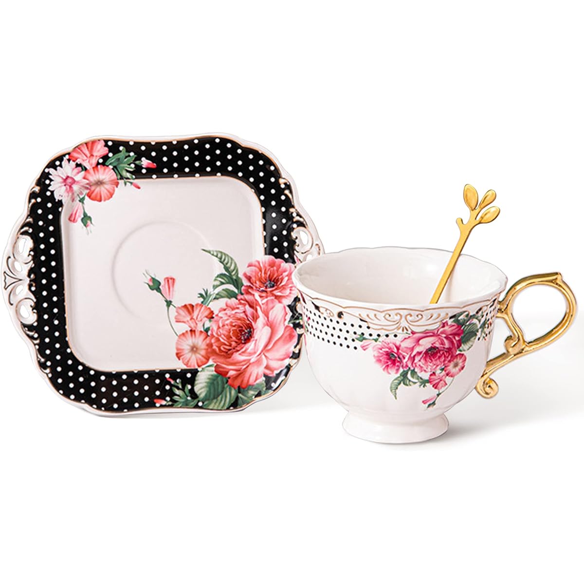 Vintage British Floral Coffee Cup and Saucer Set with Golden Spoon - Elegant Floral teacup, Pink Roses, Black Interior - 7oz Tea Cup for Home, Office, or Gift - Durable Porcelain Construction - Ideal for Coffee, Tea, Cocoa - Elegant Tableware for Special