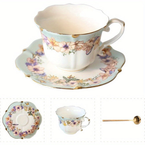 1 Set Vinta Floral Porcelain Tea Cup and Saucer Set with Spoon - Golden Trim Elegant Teal & Pastel Floral Design, 6.4oz Cup & Saucer, Comfortable Handle & Stable Saucer for Tea, Coffee, Espresso - Durable Fine China for Home, Travel, Special Occasions -
