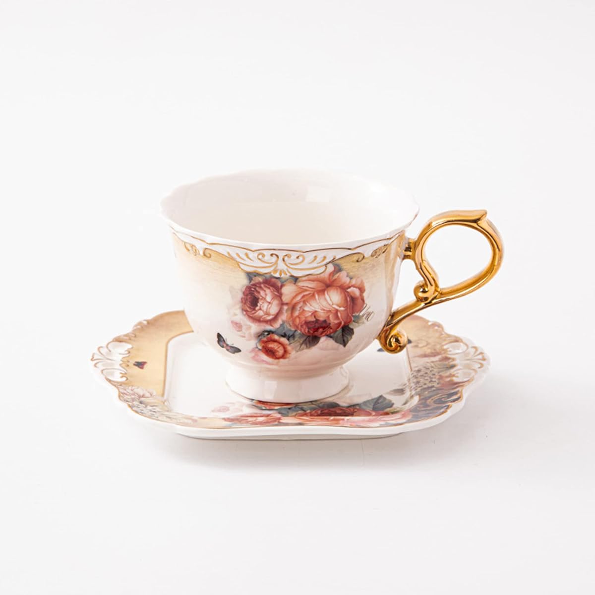 1pc Elegant European Orange Floral Porcelain Tea Cup and Saucer Set with Golden Rim & Handle - 7oz Large Capacity Coffee & Tea Service, Vintage-Inspired Dishwasher Safe China Set with Matching Spoon, Ideal Gift for Housewarming, Wedding, Christmas - Beige