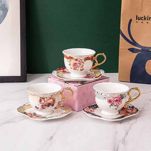 1pc Elegant European Orange Floral Porcelain Tea Cup and Saucer Set with Golden Rim & Handle - 7oz Large Capacity Coffee & Tea Service, Vintage-Inspired Dishwasher Safe China Set with Matching Spoon, Ideal Gift for Housewarming, Wedding, Christmas - Beige