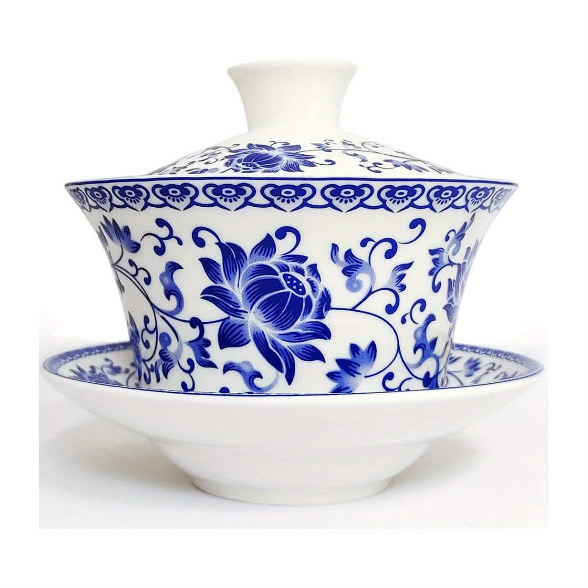 Chinese Gaiwan Tea Cup - Traditional Porcelain Teacup with Lid & Saucer, Elegant Blue and White Floral design, Handleless Cup for Chinese Kung Fu Tea Ceremony, Office, Home - Authentic Asian Tea Cup (6.8oz/ 200ml) - Ideal Gift for Tea Lovers, Office