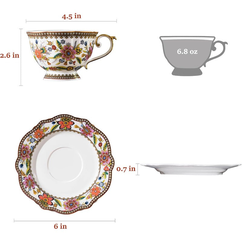 ACMLIFE Vintage Floral Bone China Tea Cup and Saucer Set for 1 - Elegant 6.8oz Tea Service with Golden Trim, Pink/Red/Blue/Green/White/Black/Golden Floral Patterns, Durable & Lightweight, Gift Box Included - Ideal for Tea Parties, Weddings, Housewarming -