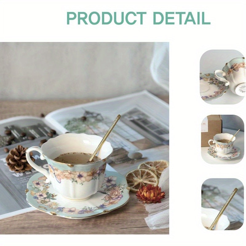 1 Set Vinta Floral Porcelain Tea Cup and Saucer Set with Spoon - Golden Trim Elegant Teal & Pastel Floral Design, 6.4oz Cup & Saucer, Comfortable Handle & Stable Saucer for Tea, Coffee, Espresso - Durable Fine China for Home, Travel, Special Occasions -