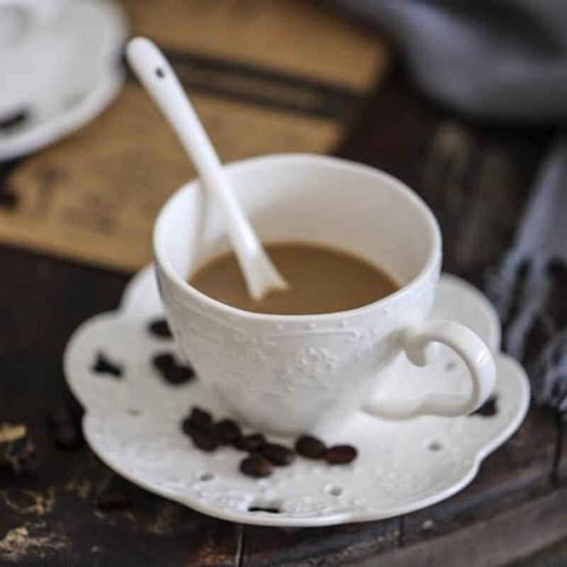 Elegant European Style Bone China Ceramic Tea & Coffee Cup Set with Embossed Floral Design - White, Perfect for Breakfast or Home Kitchen Use, Includes Saucer and Spoon, Tea Cup Set, Breakfast Tableware, Decorative Tableware, Durable Tableware