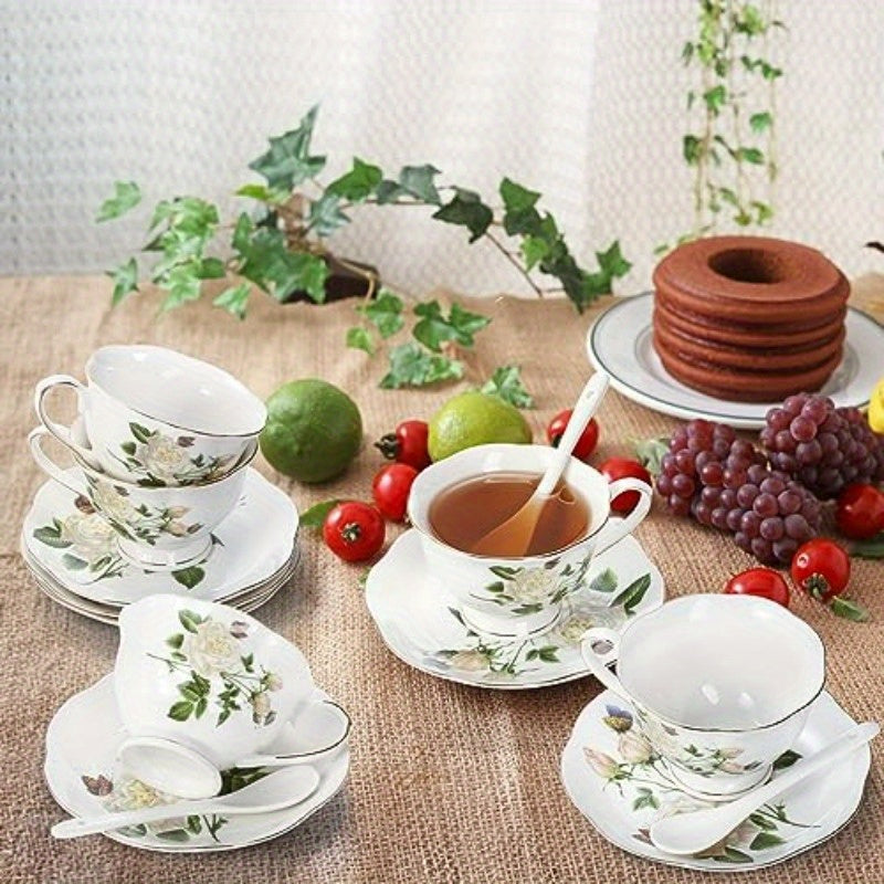 6oz Porcelain Ivory Floral Tea Cup and Saucer Set with Golden Trim - Elegant Latte Cups and Espresso Mug for Coffee Drinks, Perfect for Home or Restaurant Use, Restaurant Quality Tea Set|Floral Pattern Cups|Durable Porcelain
