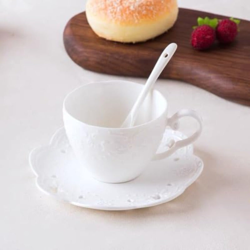 Elegant European Style Bone China Ceramic Tea & Coffee Cup Set with Embossed Floral Design - White, Perfect for Breakfast or Home Kitchen Use, Includes Saucer and Spoon, Tea Cup Set, Breakfast Tableware, Decorative Tableware, Durable Tableware