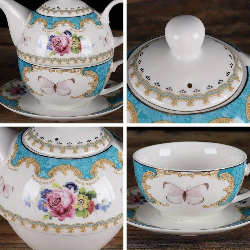 fanquare English Porcelain Tea for One Set Floral Teapot with Cup Blue Tea Cup and Saucer Set