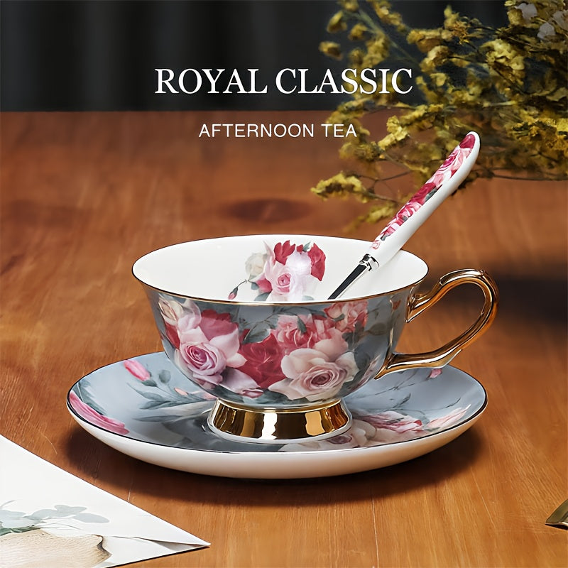 6pcs Elegant Floral Ceramic Coffee Cup and Saucer Set with 2 Dishes, 2 Cups, and 2 Spoons - Ideal for Afternoon Tea, Perfect Gift for Friends and Lovers, Hand Wash Only, Round Shape, Suitable for Coffee Shops and Dessert Shops, Coffee Bar Accessories