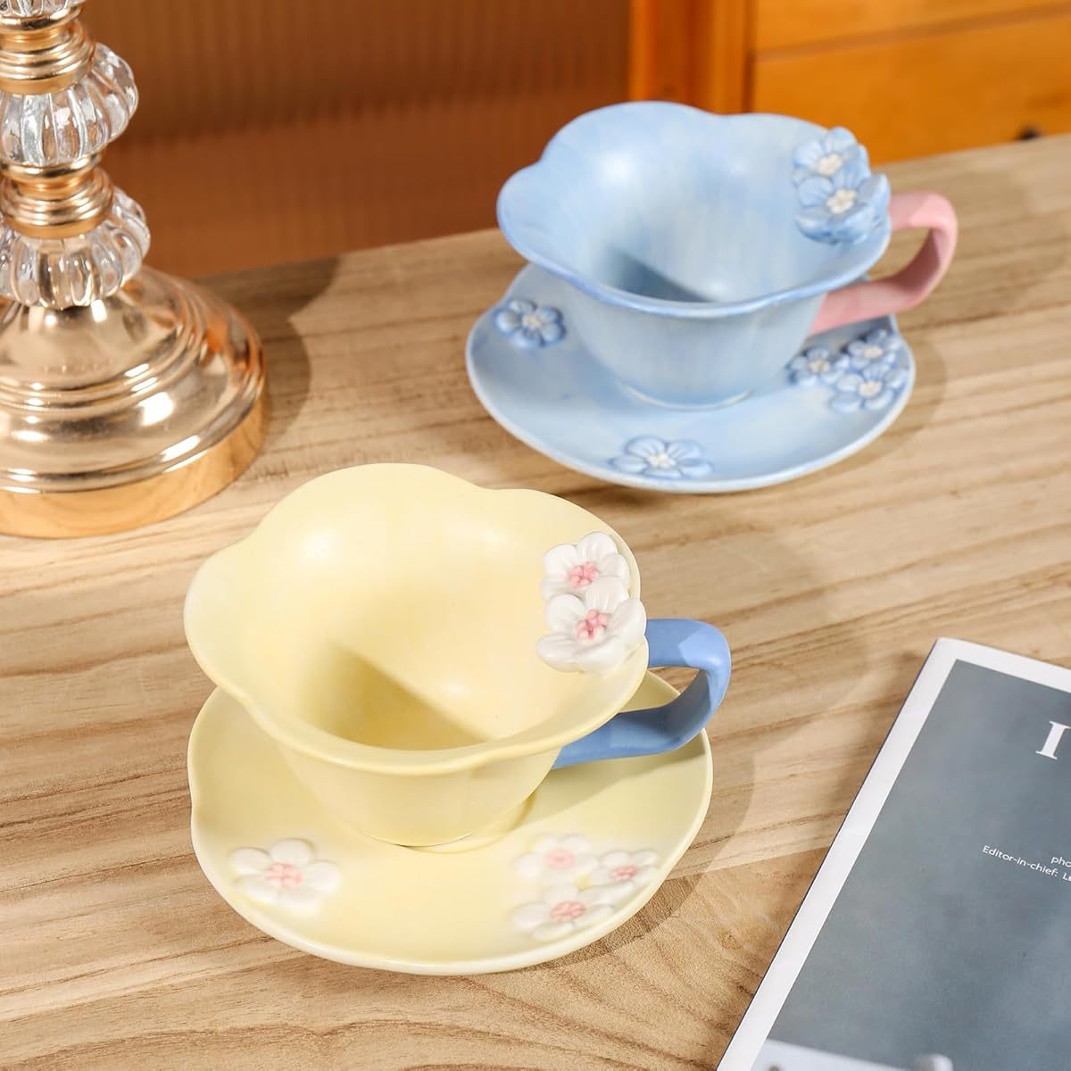 Floral Tea Cups and Saucers, Ceramic Cute Coffee Mug for Women Tea Party, Cappuccino Latte Milk ( Blue)