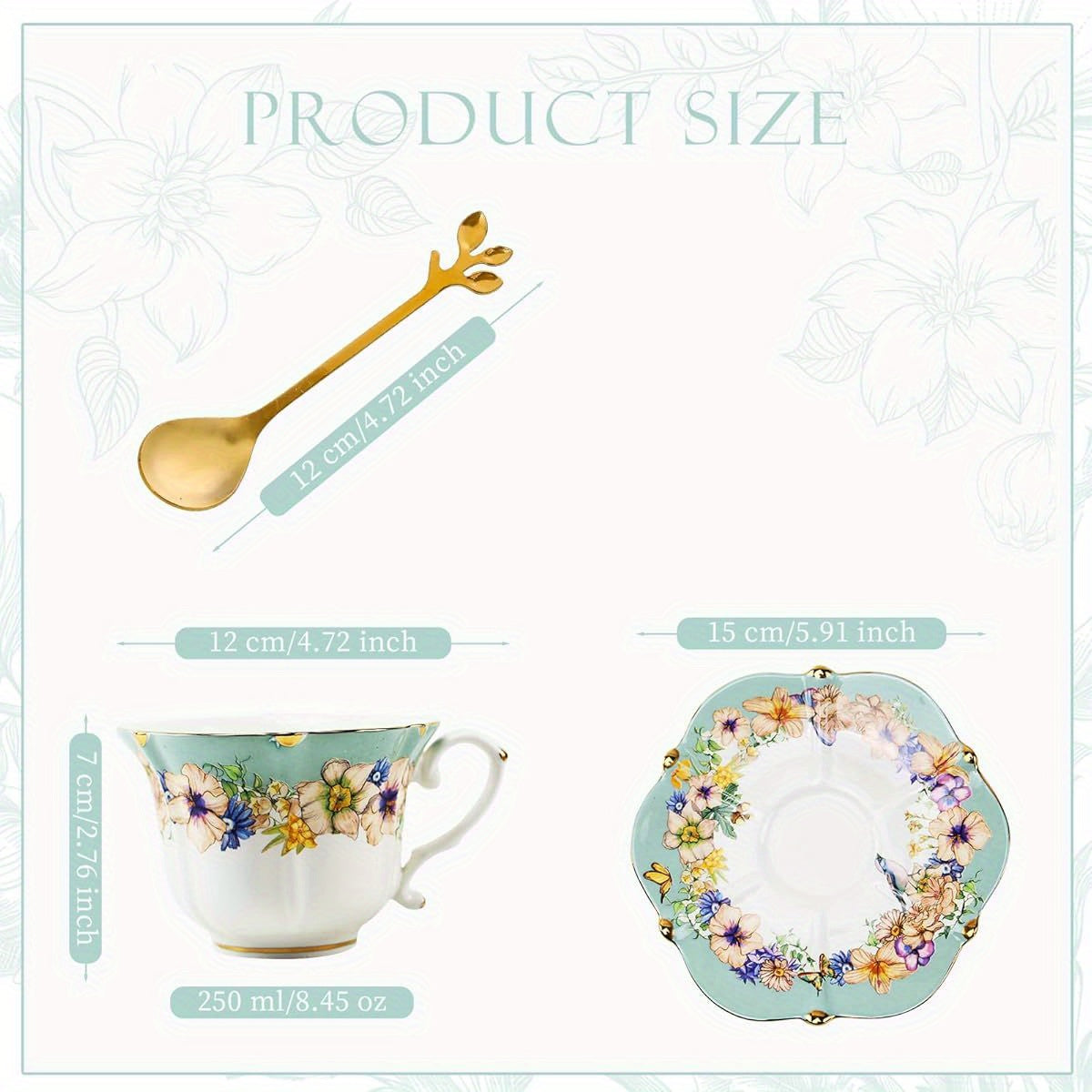 3pcs Vintage Country Roses Porcelain Tea Cup and Saucer Set with Golden Trim - Light Cyan, Elegant Floral Design for Women'S Tea Parties, Includes 1 Cup and 2 Saucers, Perfect for Serving Tea and Coffee, Tea Party Essentials | Floral Pattern Cups |