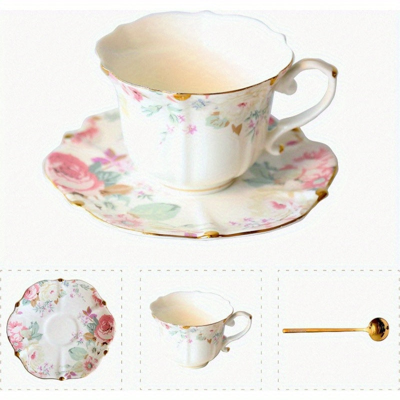 Vintage Floral Porcelain Tea Cup and Saucer Set with Golden Trim, 6.4oz - Elegant Pink & White Design, Includes Spoon, Perfect for Tea or Coffee, Hand Wash Only, Reusable, Tea Cup Set|Elegant Tableware|Porcelain Mug