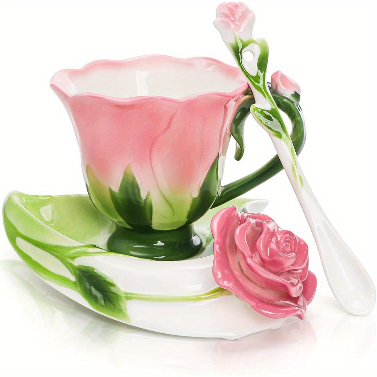 Pink Tea Cups with Saucer and Spoon, 4. 5oz Small Ceramic Rose Flower Tea Cup Set for Women, Hand Crafted Vintage Coffee Latte Mug, Porcelain Fancy Teaware for Mother' s Day Birthday Gift Party, Cups for Tea, Unique Coffee Mugs, Teacup, Coffee Cup, Tea