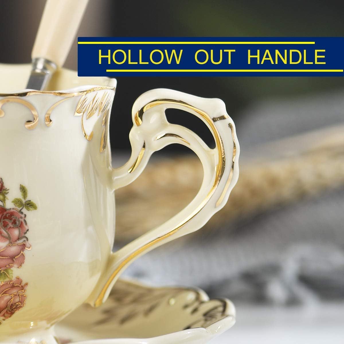 YOLIFE Vintage Floral Tea Cup and Saucer Set - Elegant Ivory & Golden Leaf Pattern, 8oz Ceramic Tea Service with Saucer & Spoon - Elegant Gift for Women, Wedding, Birthday, Housewarming - Luxury Tea Set for Afternoon Tea Parties, Dainty Floral Design in