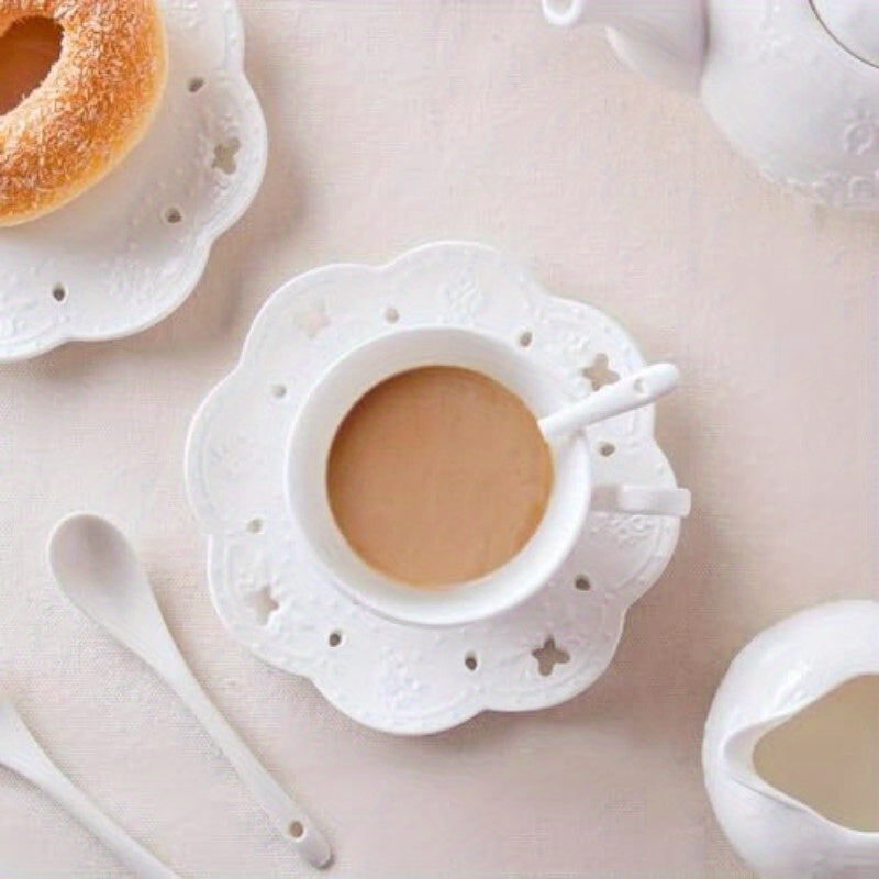 Elegant European Style Bone China Ceramic Tea & Coffee Cup Set with Embossed Floral Design - White, Perfect for Breakfast or Home Kitchen Use, Includes Saucer and Spoon, Tea Cup Set, Breakfast Tableware, Decorative Tableware, Durable Tableware