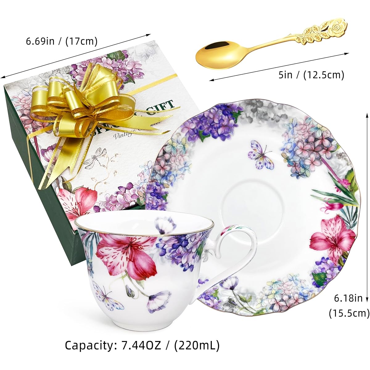 Tea Cups and Saucers Set, Fine Bone China, Porcelain Coffee Cup, Vintage Floral Flower Pattern, with Golden Trim, Spoon, Handle, Antiqued Ceramic, Espresso Drink, for Women Gift box, Tea Party, Tea Cup Set, Tea Cup Set with Tray, Cups for Tea, Tea Set,