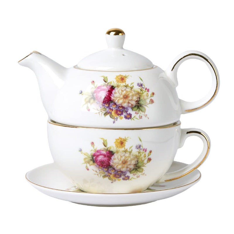 European Porcelain Tea for One Vinta Floral Teapot and Saucer Set Golden Trim Floral Teapot Tea Cup with Saucer Set, Tea Cup And Saucer Set, White Tea Set, Tea Set, Tea Pot And Cup Set, Tea Pot Set, Loose Leaf Tea, Tea Party, Classic Porcelain, Elegant