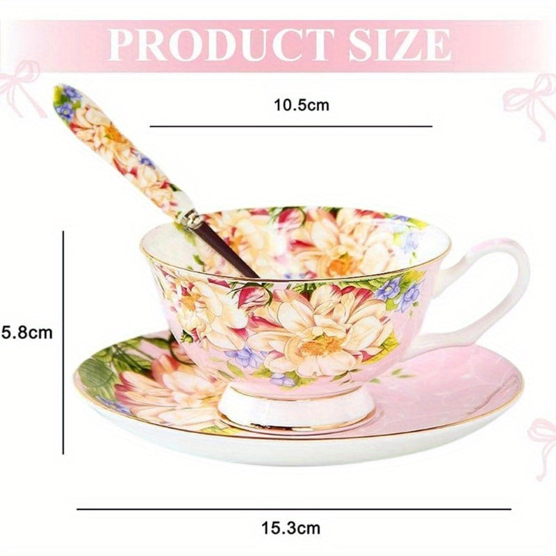 1pc Vintage Floral Bone China Tea Cup and Saucer Set - Elegant Pink & Golden English Teacup with Saucer, 7oz Delicate Pastel Colors (Pink, Green, Blue, Yellow, White) for Women's Tea Parties, Birthday, Mother's Day Gift, Hand Wash Only, Dainty Tableware
