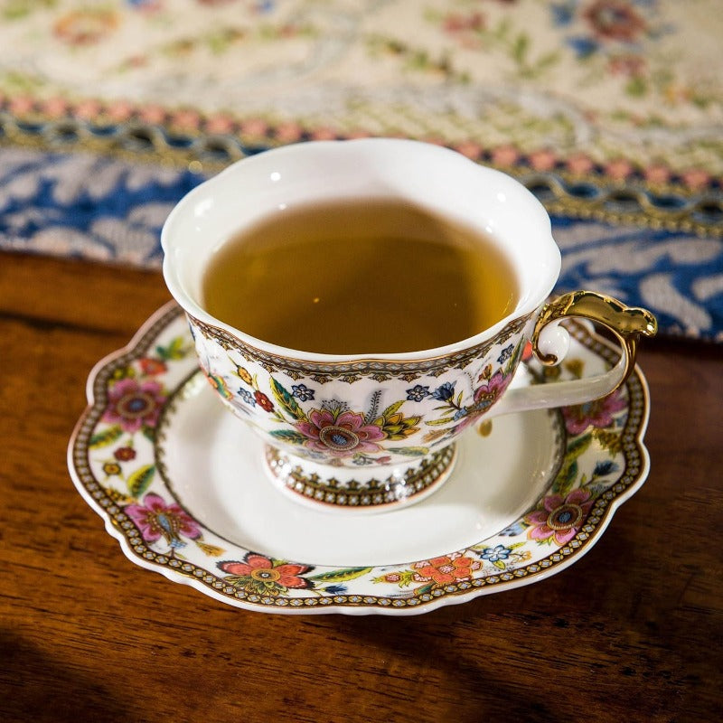 ACMLIFE Vintage Floral Bone China Tea Cup and Saucer Set for 1 - Elegant 6.8oz Tea Service with Golden Trim, Pink/Red/Blue/Green/White/Black/Golden Floral Patterns, Durable & Lightweight, Gift Box Included - Ideal for Tea Parties, Weddings, Housewarming -