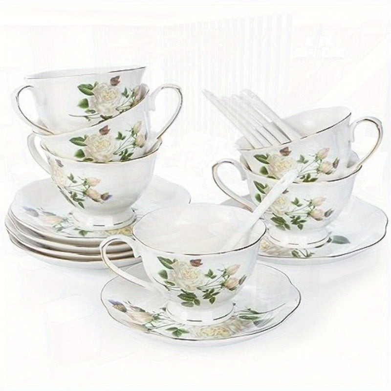 6oz Porcelain Ivory Floral Tea Cup and Saucer Set with Golden Trim - Elegant Latte Cups and Espresso Mug for Coffee Drinks, Perfect for Home or Restaurant Use, Restaurant Quality Tea Set|Floral Pattern Cups|Durable Porcelain