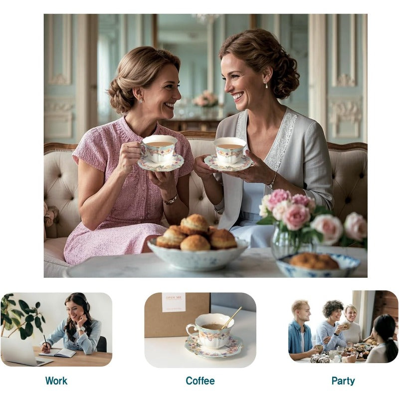 1 Set Vinta Floral Porcelain Tea Cup and Saucer Set with Spoon - Golden Trim Elegant Teal & Pastel Floral Design, 6.4oz Cup & Saucer, Comfortable Handle & Stable Saucer for Tea, Coffee, Espresso - Durable Fine China for Home, Travel, Special Occasions -