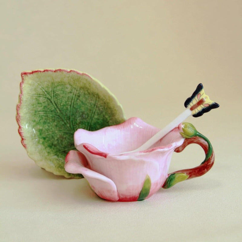 1pc Elegant Floral tea cup and saucer set - Hand-Painted Pink Roses, for Lotus Leaf, Pastel green, Non-Toxic Ceramic - Includes Matching Spoon - for Coffee, Tea, Home Decor - Birthday/Anniversary Gift for Women, Bridal Shower Present - Vintage Floral