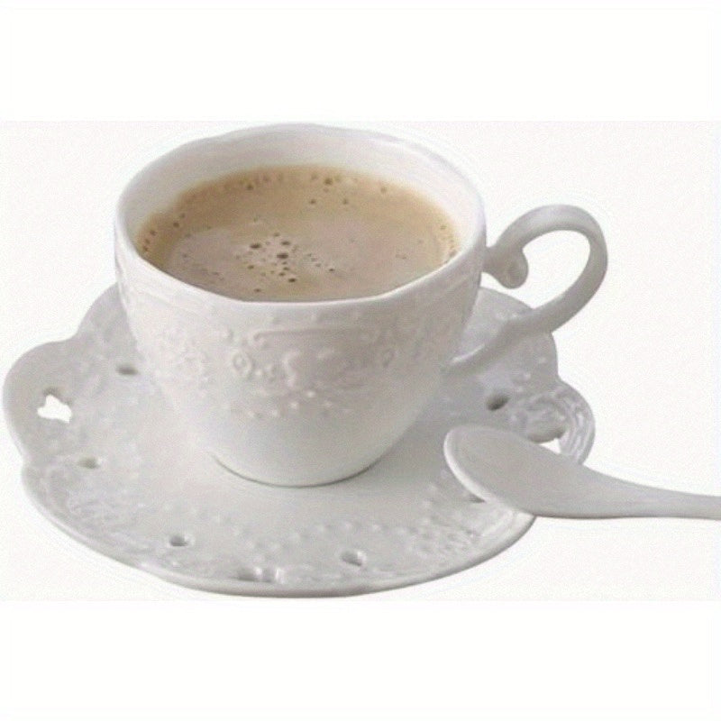 Elegant European Style Bone China Ceramic Tea & Coffee Cup Set with Embossed Floral Design - White, Perfect for Breakfast or Home Kitchen Use, Includes Saucer and Spoon, Tea Cup Set, Breakfast Tableware, Decorative Tableware, Durable Tableware