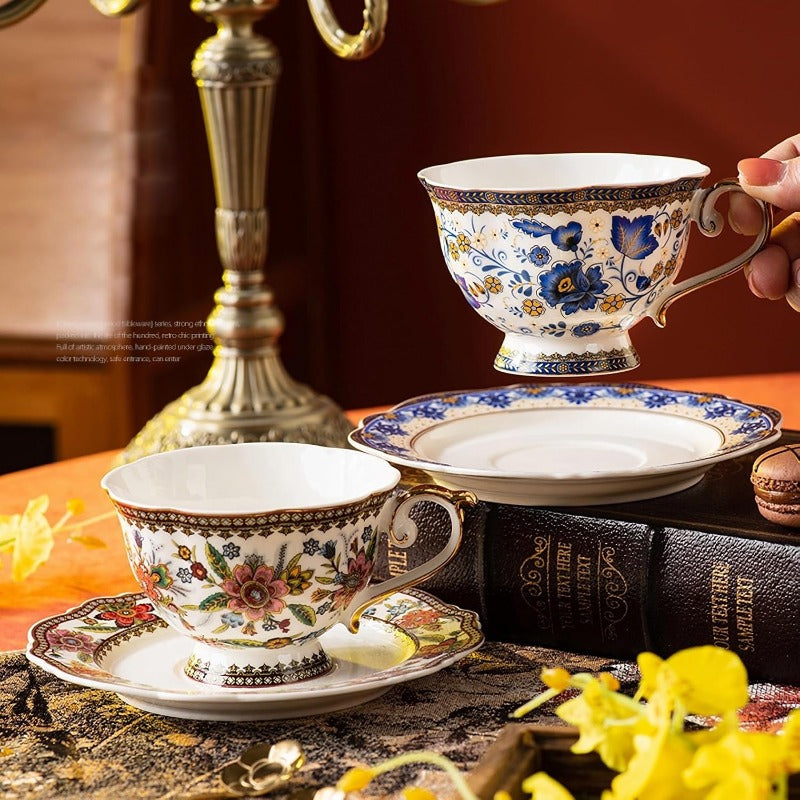 ACMLIFE Vintage Floral Bone China Tea Cup and Saucer Set for 1 - Elegant 6.8oz Tea Service with Golden Trim, Pink/Red/Blue/Green/White/Black/Golden Floral Patterns, Durable & Lightweight, Gift Box Included - Ideal for Tea Parties, Weddings, Housewarming -