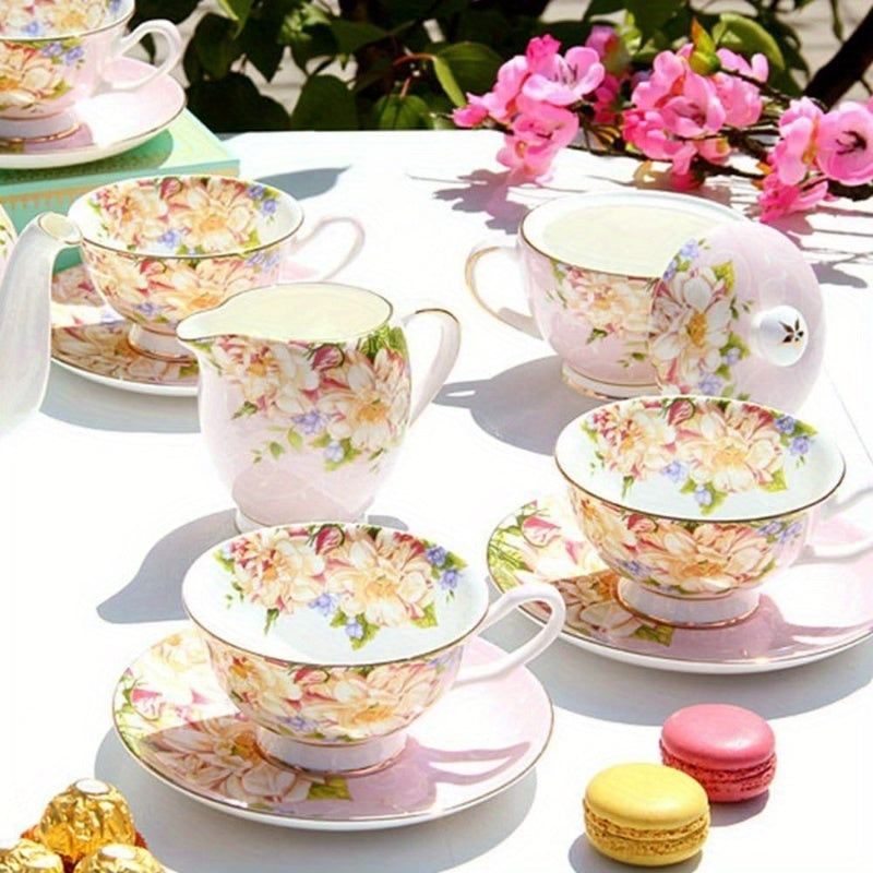 1pc Vintage Floral Bone China Tea Cup and Saucer Set - Elegant Pink & Golden English Teacup with Saucer, 7oz Delicate Pastel Colors (Pink, Green, Blue, Yellow, White) for Women's Tea Parties, Birthday, Mother's Day Gift, Hand Wash Only, Dainty Tableware