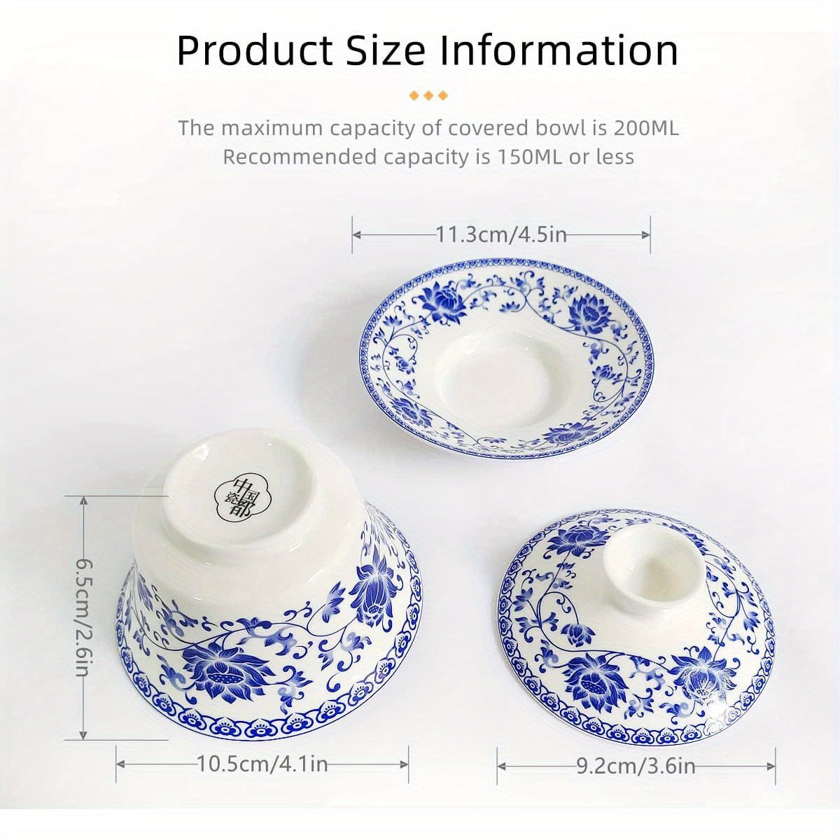Chinese Gaiwan Tea Cup - Traditional Porcelain Teacup with Lid & Saucer, Elegant Blue and White Floral design, Handleless Cup for Chinese Kung Fu Tea Ceremony, Office, Home - Authentic Asian Tea Cup (6.8oz/ 200ml) - Ideal Gift for Tea Lovers, Office