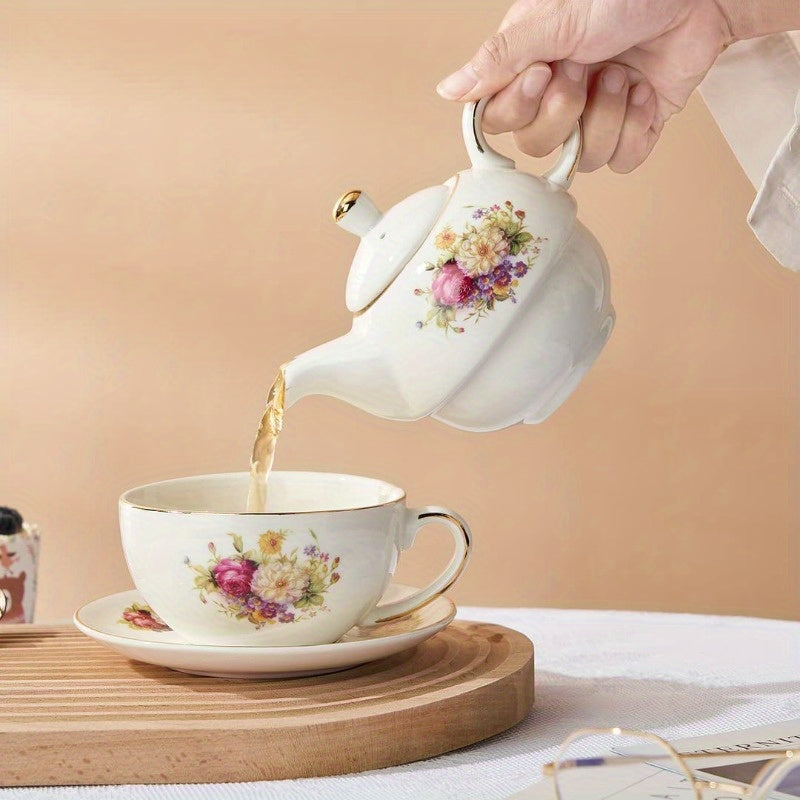 European Porcelain Tea for One Vinta Floral Teapot and Saucer Set Golden Trim Floral Teapot Tea Cup with Saucer Set, Tea Cup And Saucer Set, White Tea Set, Tea Set, Tea Pot And Cup Set, Tea Pot Set, Loose Leaf Tea, Tea Party, Classic Porcelain, Elegant