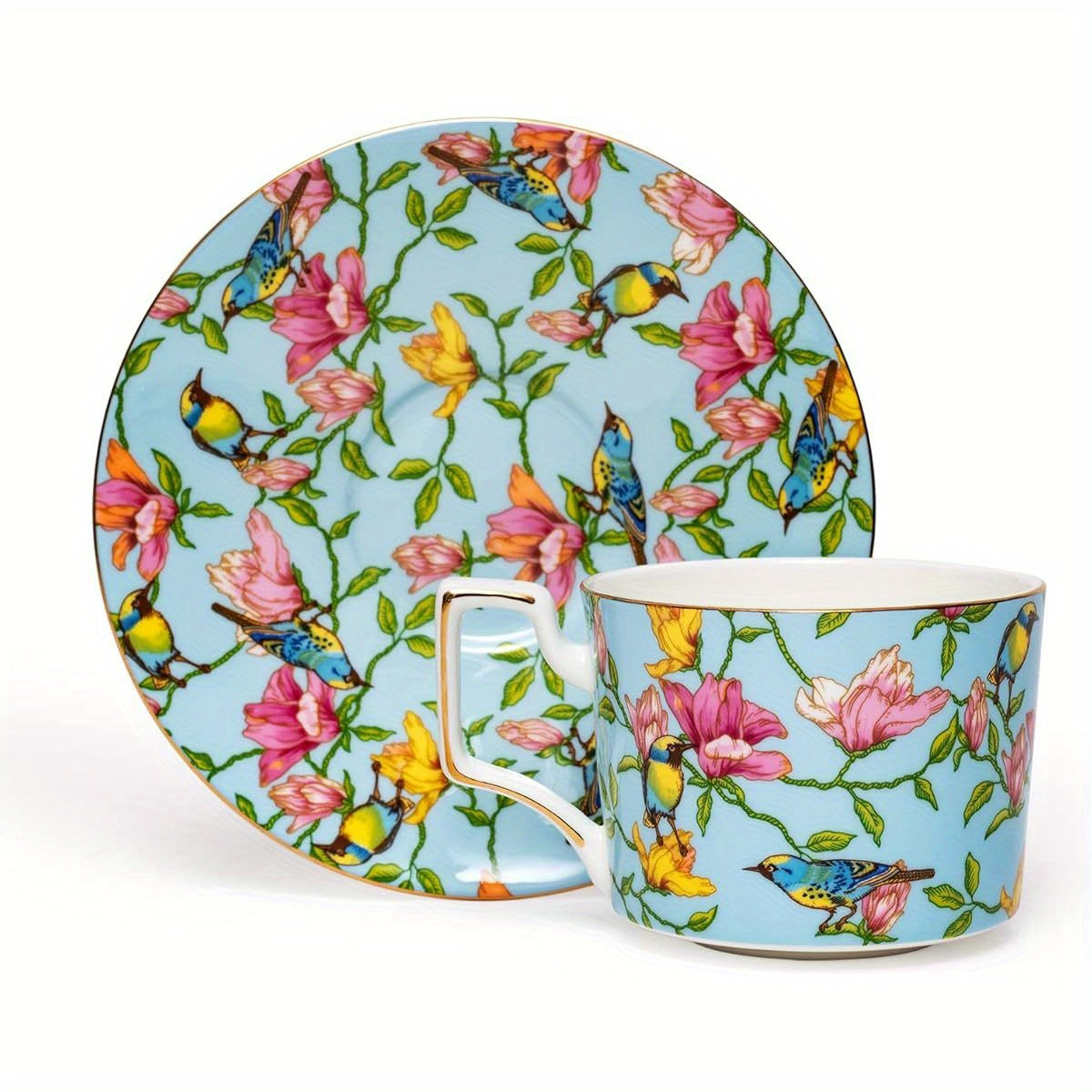 1pc Vintage Floral Teacup and Saucer Set - Elegant Bone China Tea Cups with Golden Rim & Handle, 8-Ounce Capacity, Pastel Blue & Pink Floral Pattern - Dishwasher Safe, Ideal Gift for Women, Mom, Birthday, Christmas, Mother's Day - Elegant Tea Party Set