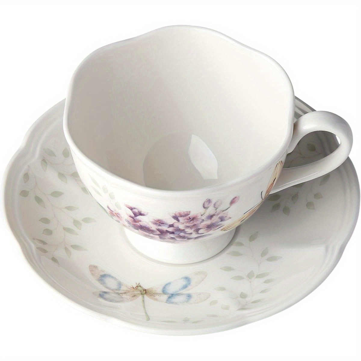 Butterfly Meadow Orange Sulphur 8-Ounce Porcelain Cup and Saucer Set - Elegant Floral Design with Purple Flowers & Green Leaves, Durable & Easy-Clean, Perfect for Coffee, Tea, or Desserts, Ideal for Home or Restaurant Use, Coffee Cup Set|Floral Pattern