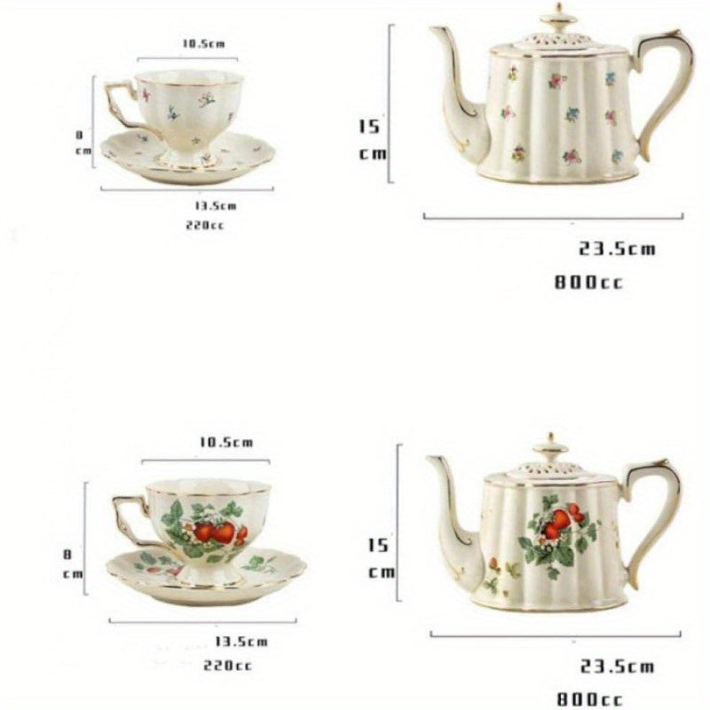 1pc Vintage Strawberry Floral Teapot - Elegant & Golden Porcelain Tea Set with Non-Slip Base, Dishwasher Safe Cup and Saucer + Teaspoon - Luxury Dining Tableware for Coffee, Tea, Special Occasions - Ideal Gift for Women & Home Decor - Strawberry Pattern,