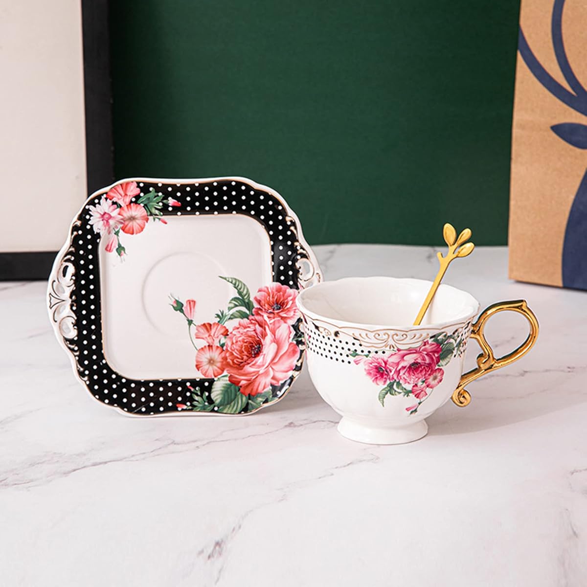 Vintage British Floral Coffee Cup and Saucer Set with Golden Spoon - Elegant Floral teacup, Pink Roses, Black Interior - 7oz Tea Cup for Home, Office, or Gift - Durable Porcelain Construction - Ideal for Coffee, Tea, Cocoa - Elegant Tableware for Special