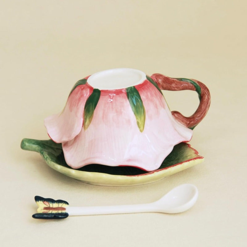 1pc Elegant Floral tea cup and saucer set - Hand-Painted Pink Roses, for Lotus Leaf, Pastel green, Non-Toxic Ceramic - Includes Matching Spoon - for Coffee, Tea, Home Decor - Birthday/Anniversary Gift for Women, Bridal Shower Present - Vintage Floral