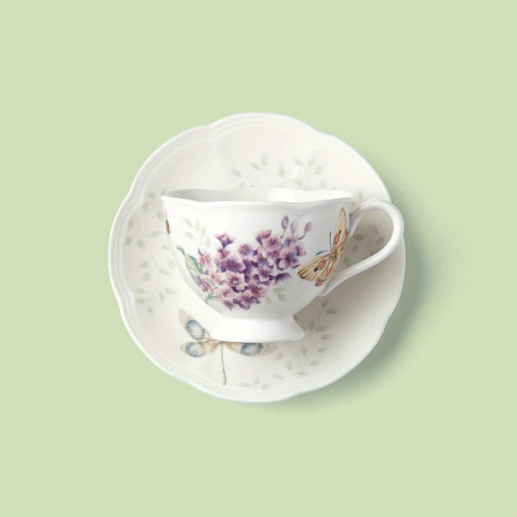 Butterfly Meadow Orange Sulphur 8-Ounce Porcelain Cup and Saucer Set - Elegant Floral Design with Purple Flowers & Green Leaves, Durable & Easy-Clean, Perfect for Coffee, Tea, or Desserts, Ideal for Home or Restaurant Use, Coffee Cup Set|Floral Pattern