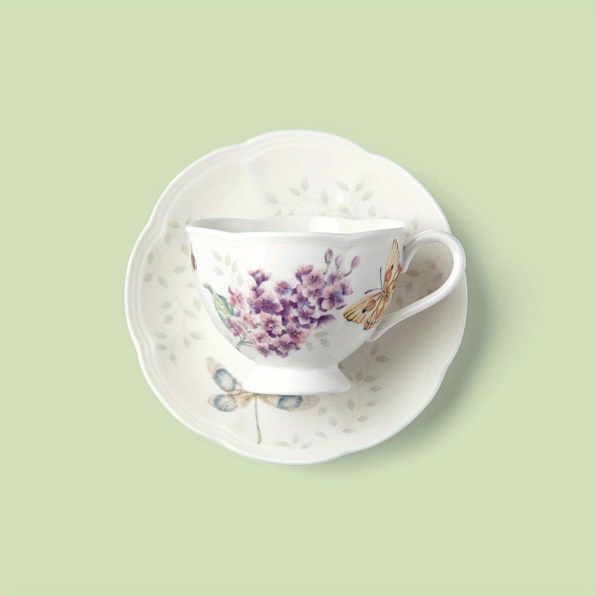 Butterfly Meadow Orange Sulphur 8-Ounce Porcelain Cup and Saucer Set - Elegant Floral Design with Purple Flowers & Green Leaves, Durable & Easy-Clean, Perfect for Coffee, Tea, or Desserts, Ideal for Home or Restaurant Use, Coffee Cup Set|Floral Pattern