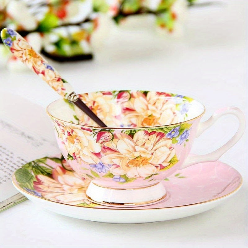 1pc Vintage Floral Bone China Tea Cup and Saucer Set - Elegant Pink & Golden English Teacup with Saucer, 7oz Delicate Pastel Colors (Pink, Green, Blue, Yellow, White) for Women's Tea Parties, Birthday, Mother's Day Gift, Hand Wash Only, Dainty Tableware
