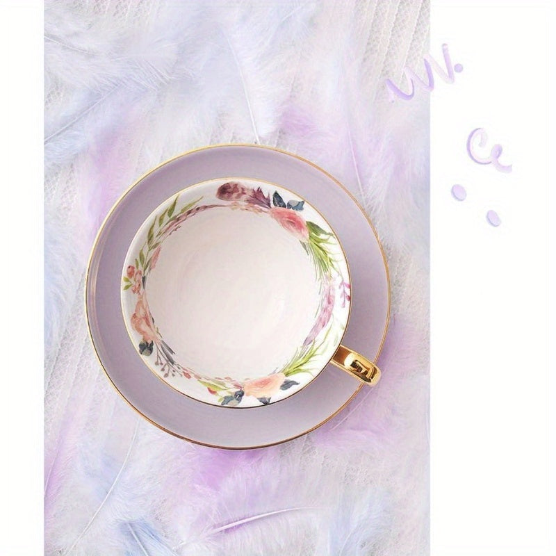1pc Vintage Royal Purple Bone China Teacup & Saucer Set with Golden Rim - Elegant Fine Ceramic Coffee Cup and Spoon, Hand Wash Only, Delicate Floral Pattern in Soft Pastel Lavender/Purple Tones for Tea, Coffee, Desserts - Ideal for Home, Travel, or Formal